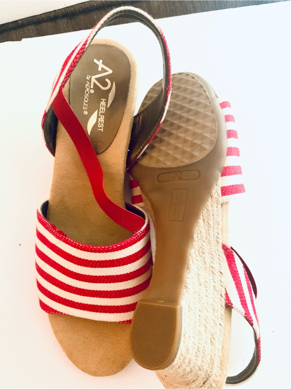 AEROSOLES Red & White Striped Slingback Wedge Sandals 8.5